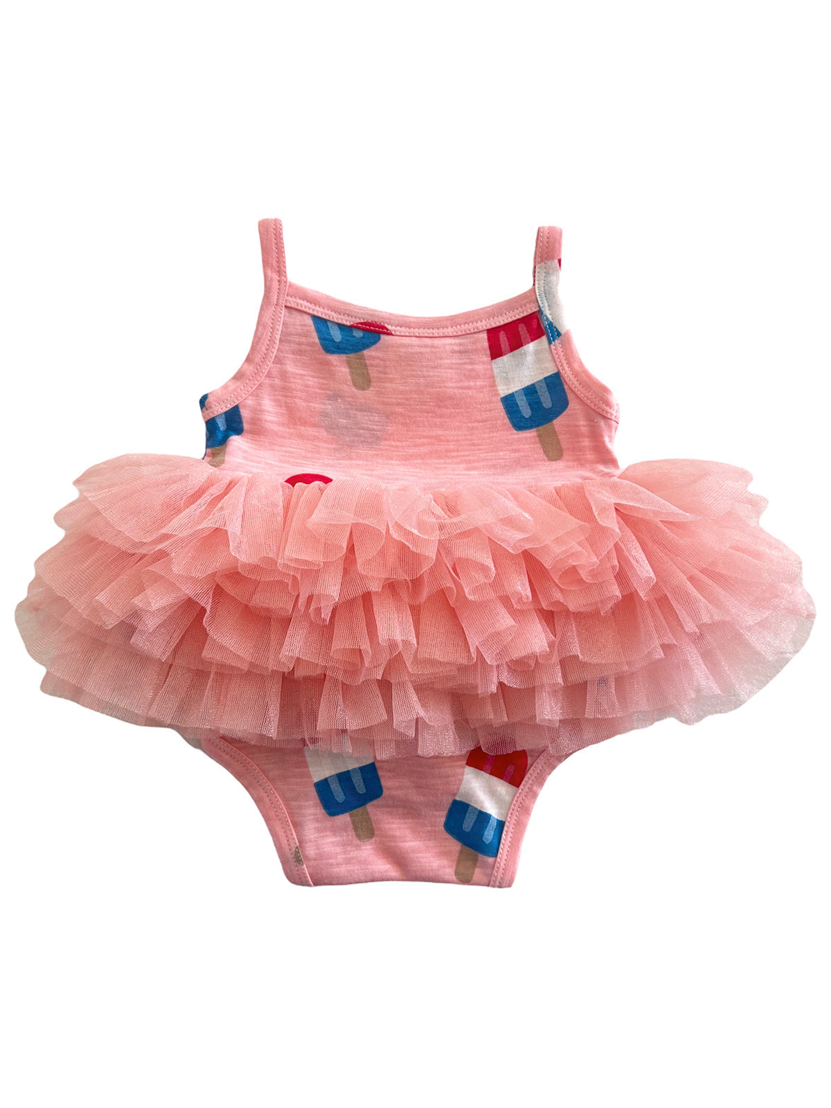 Pink toddler swimsuit with a ruffled skirt and ice cream popsicle print. Ideal for summer outings.
