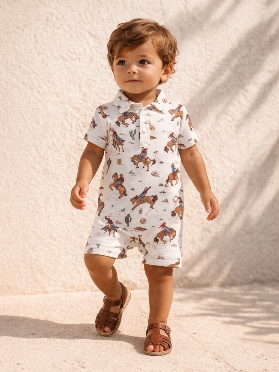 Toddler in a cowboy-themed outfit walking on a sunny day against a textured white wall background.