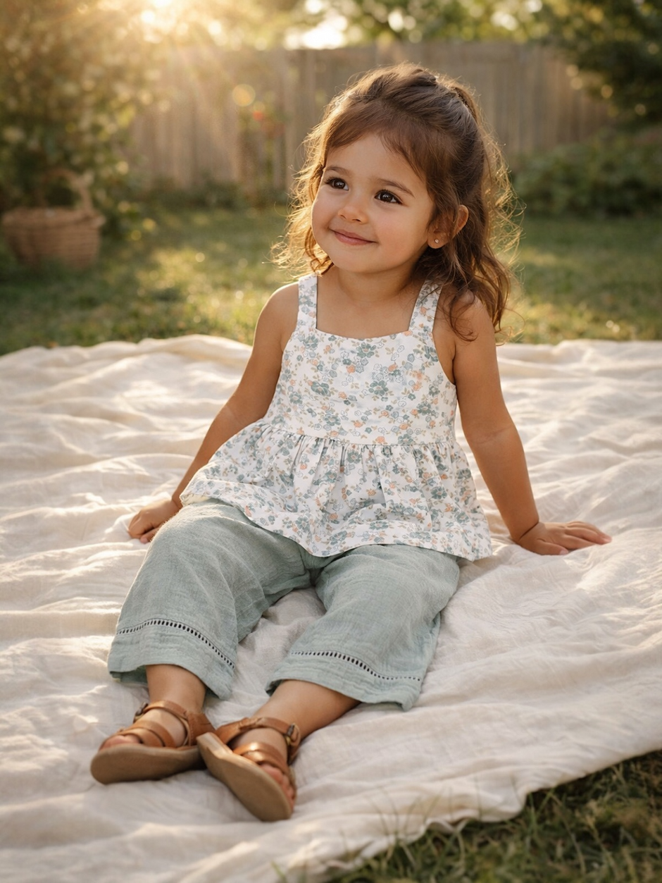Smiling girl in a floral top and green pants sitting on a blanket in a sunlit outdoor setting.