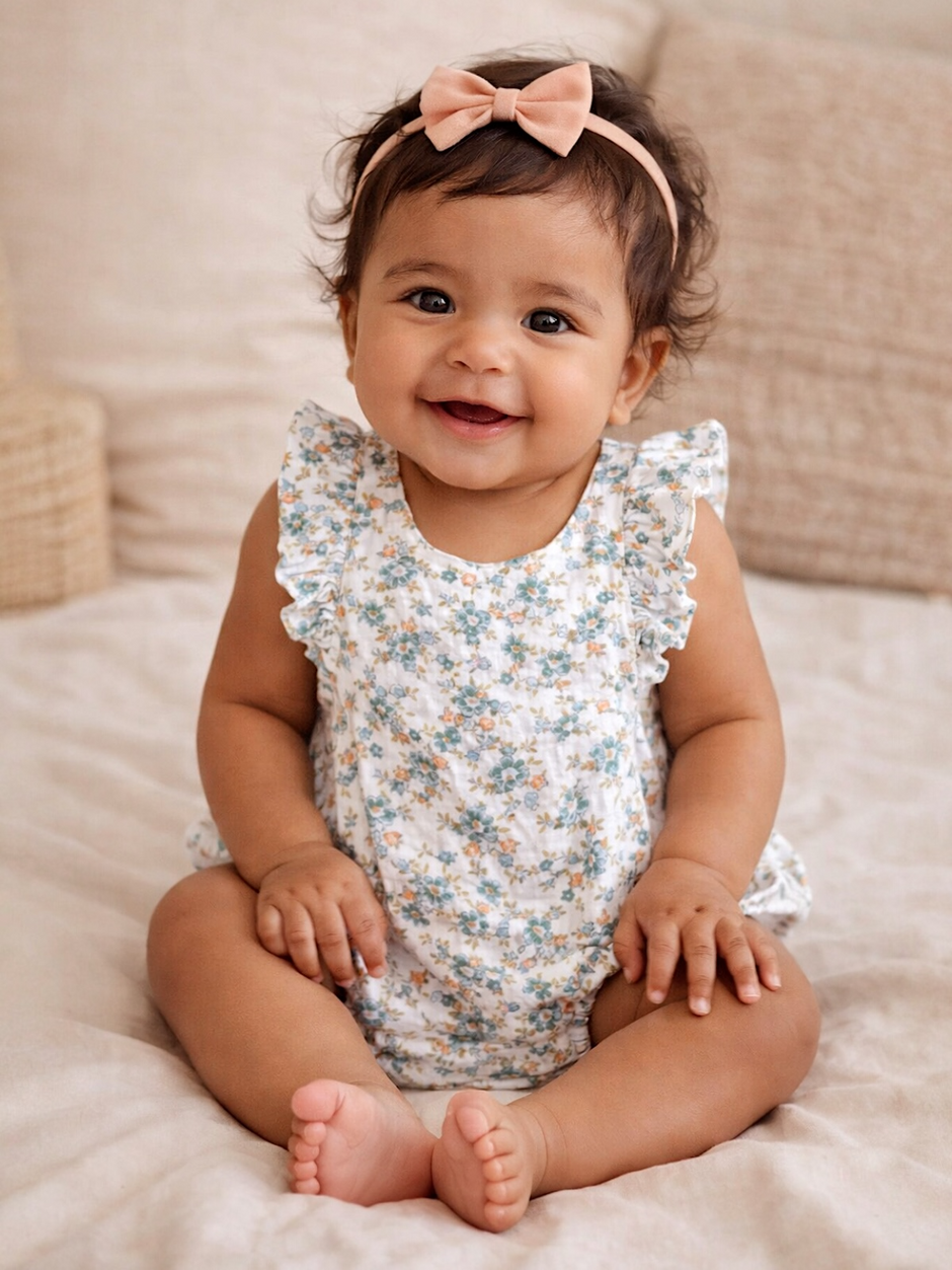 Smiling baby sitting on a soft surface, wearing a floral romper and a pink bow headband.