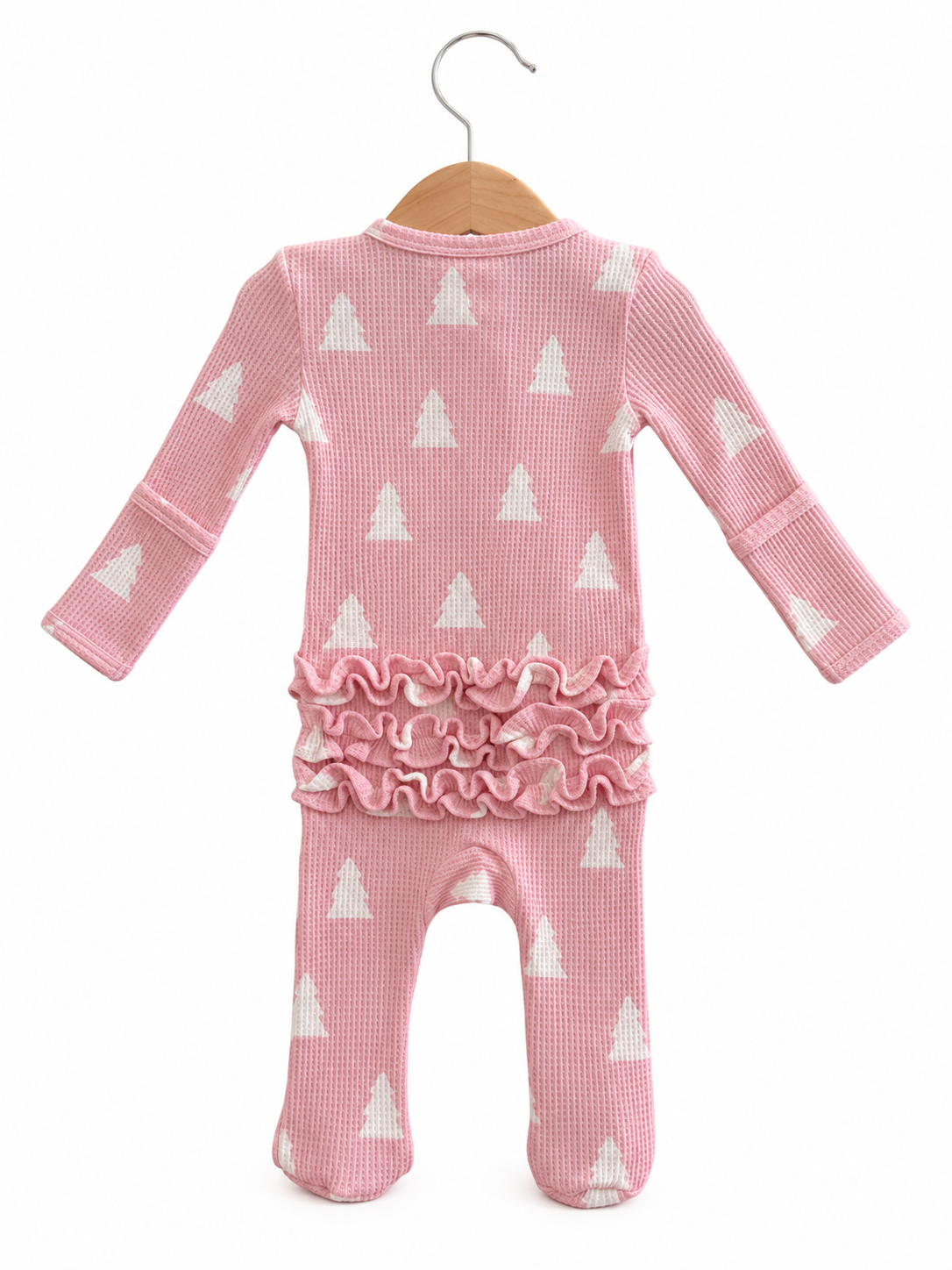 Organic Waffle Ruffle Zip Footie, Pink Christmas Trees