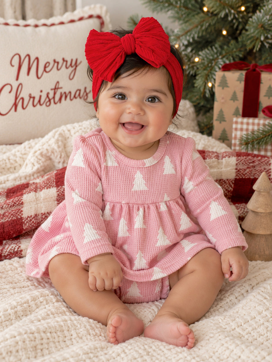 Organic Waffle Simple Dress & Bloomer, Pink Christmas Trees