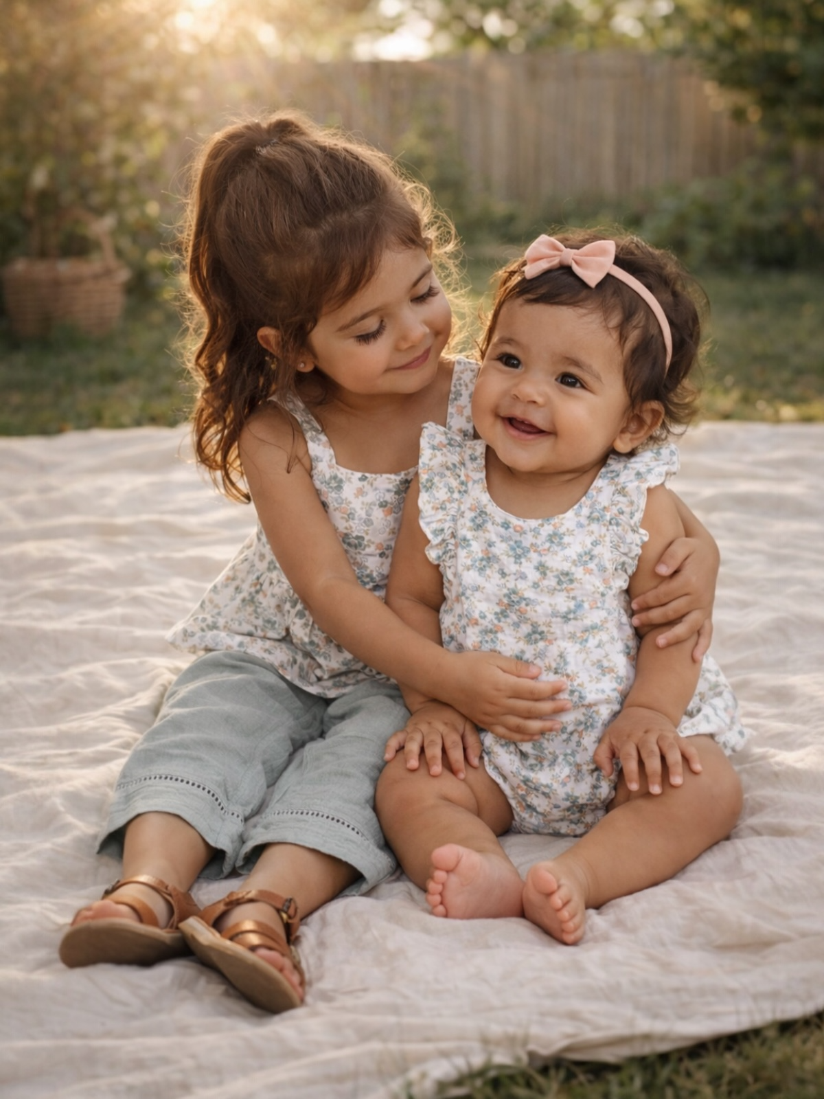 Two young girls sitting on a blanket, smiling and embracing each other in a sunlit outdoor setting.