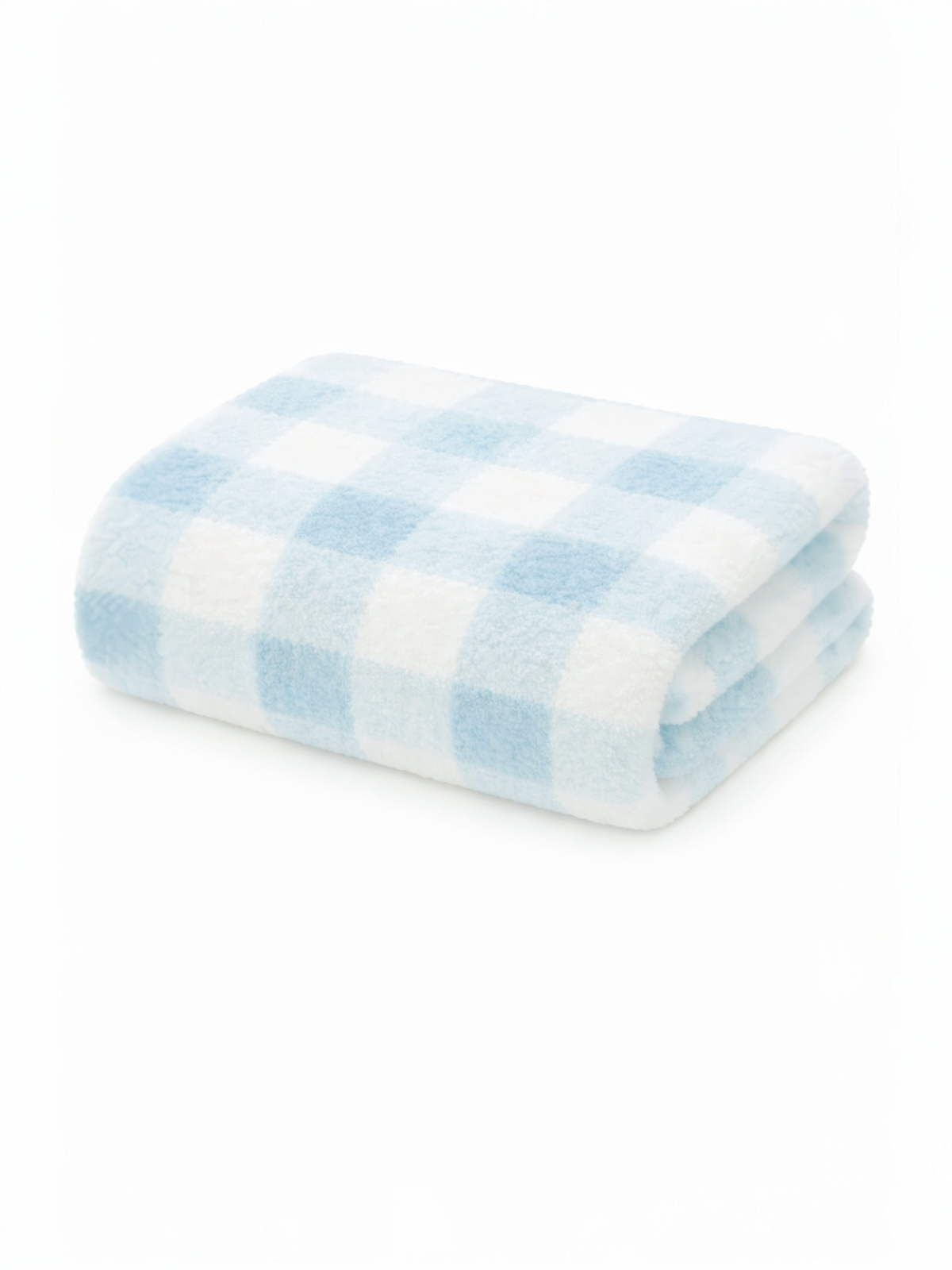 Folded soft blanket with a light blue and white checkered pattern on a white background.