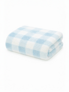 Folded soft blanket with a light blue and white checkered pattern on a white background.
