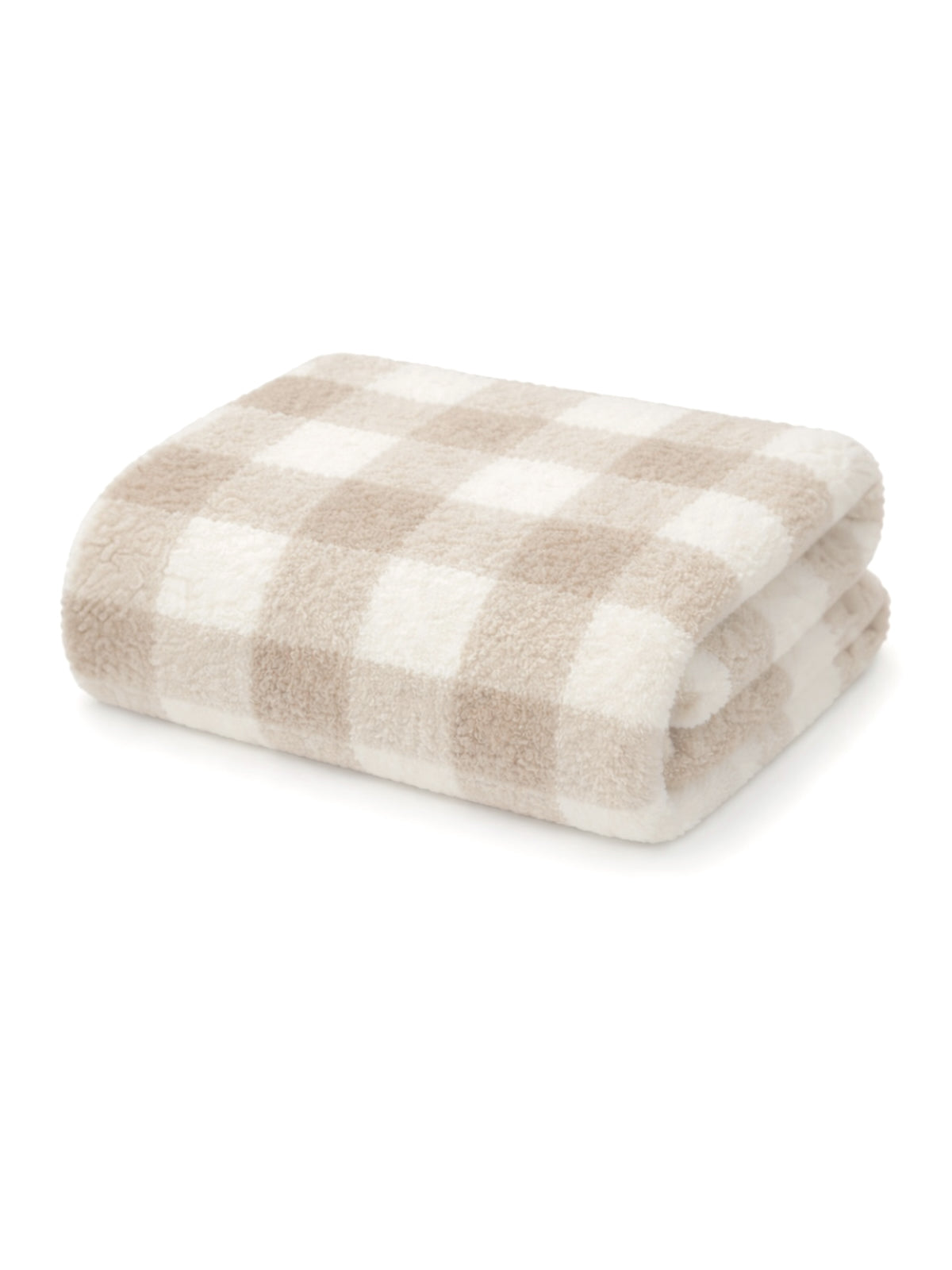 Folded beige and white checkered blanket on a white background. Soft, cozy fabric texture visible.