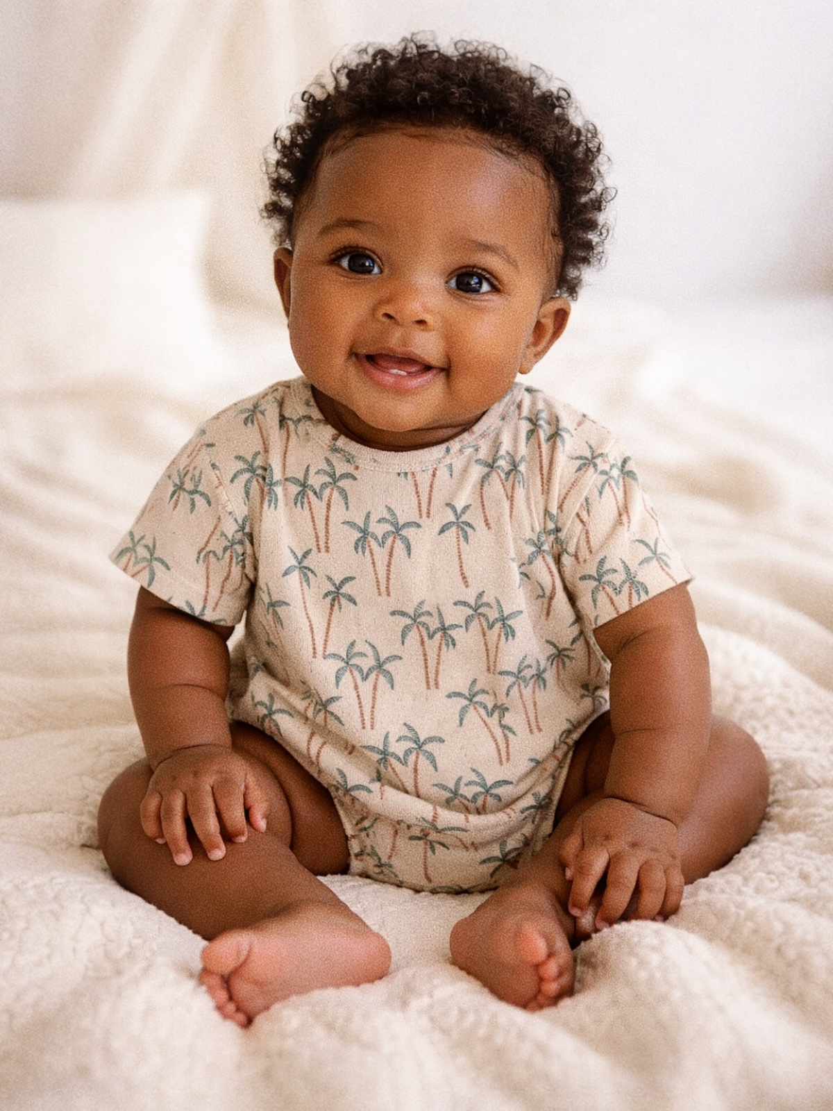 Smiling baby in a palm-patterned onesie sitting on a plush blanket, exuding joy and innocence.