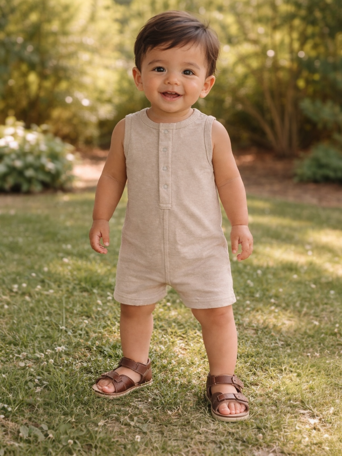 Smiling toddler in a beige romper and brown sandals, standing on green grass with soft sunlight filtering through trees.