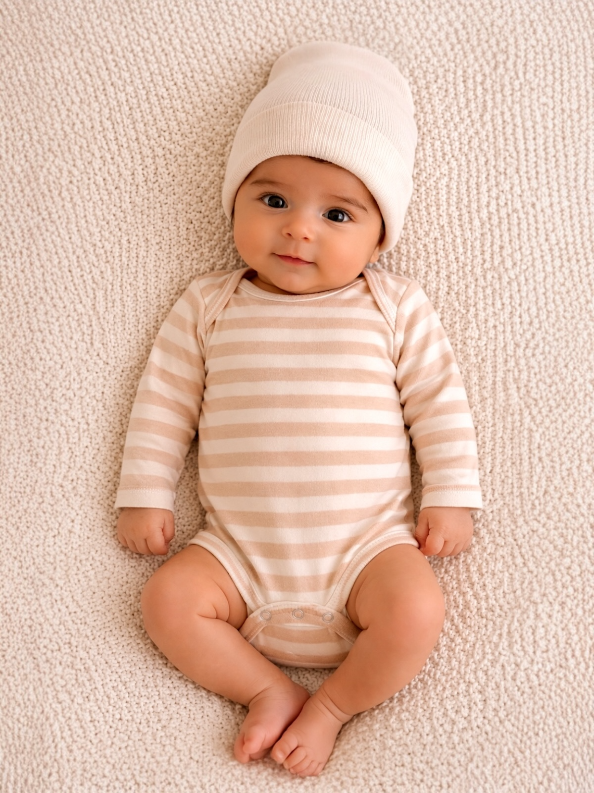 Smiling baby in a striped onesie and beanie, lying on a textured blanket.