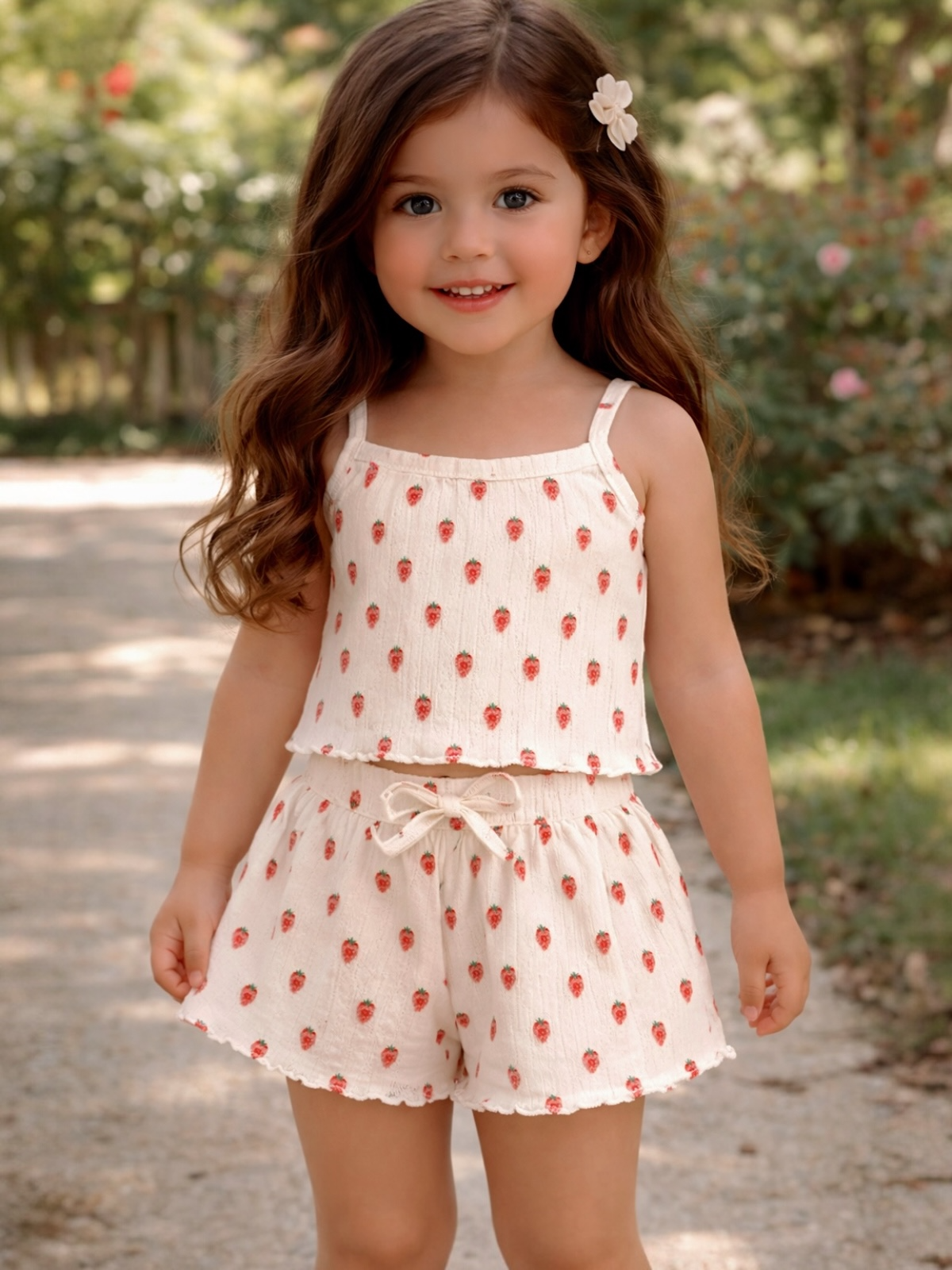 Smiling girl in a strawberry-patterned outfit standing outdoors, with long hair and a flower accessory.