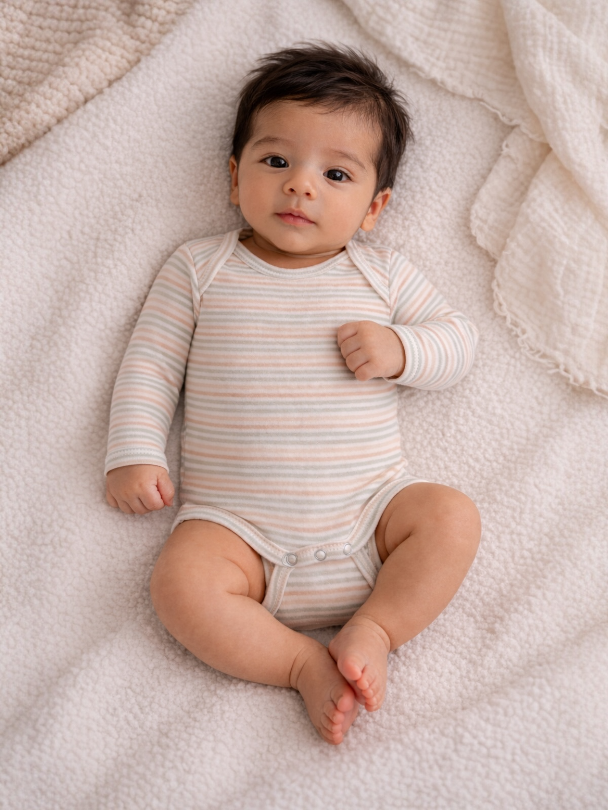 Baby in striped onesie lying on soft blanket, looking at the camera with curious expression.