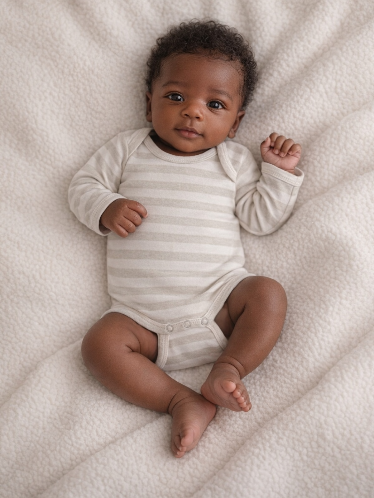 Baby with curly hair in a striped onesie lying on a soft light blanket, smiling and posing playfully.