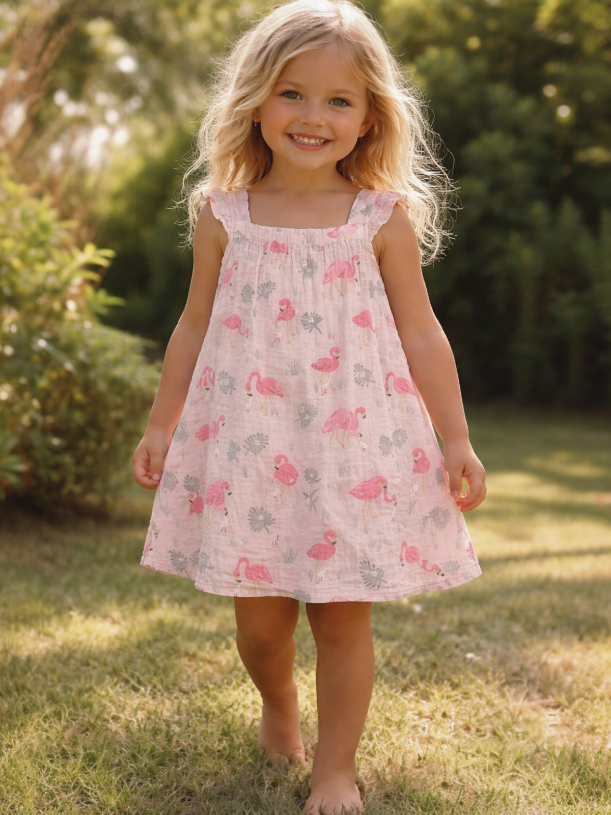 Smiling girl in a pink flamingo dress walking on grass, with greenery in the background.