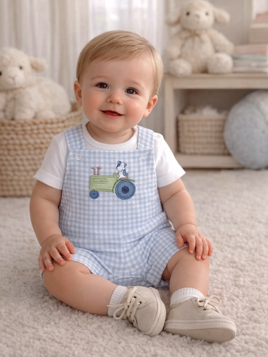 Smiling baby in a blue checkered romper, sitting on a soft carpet, with plush toys in the background.