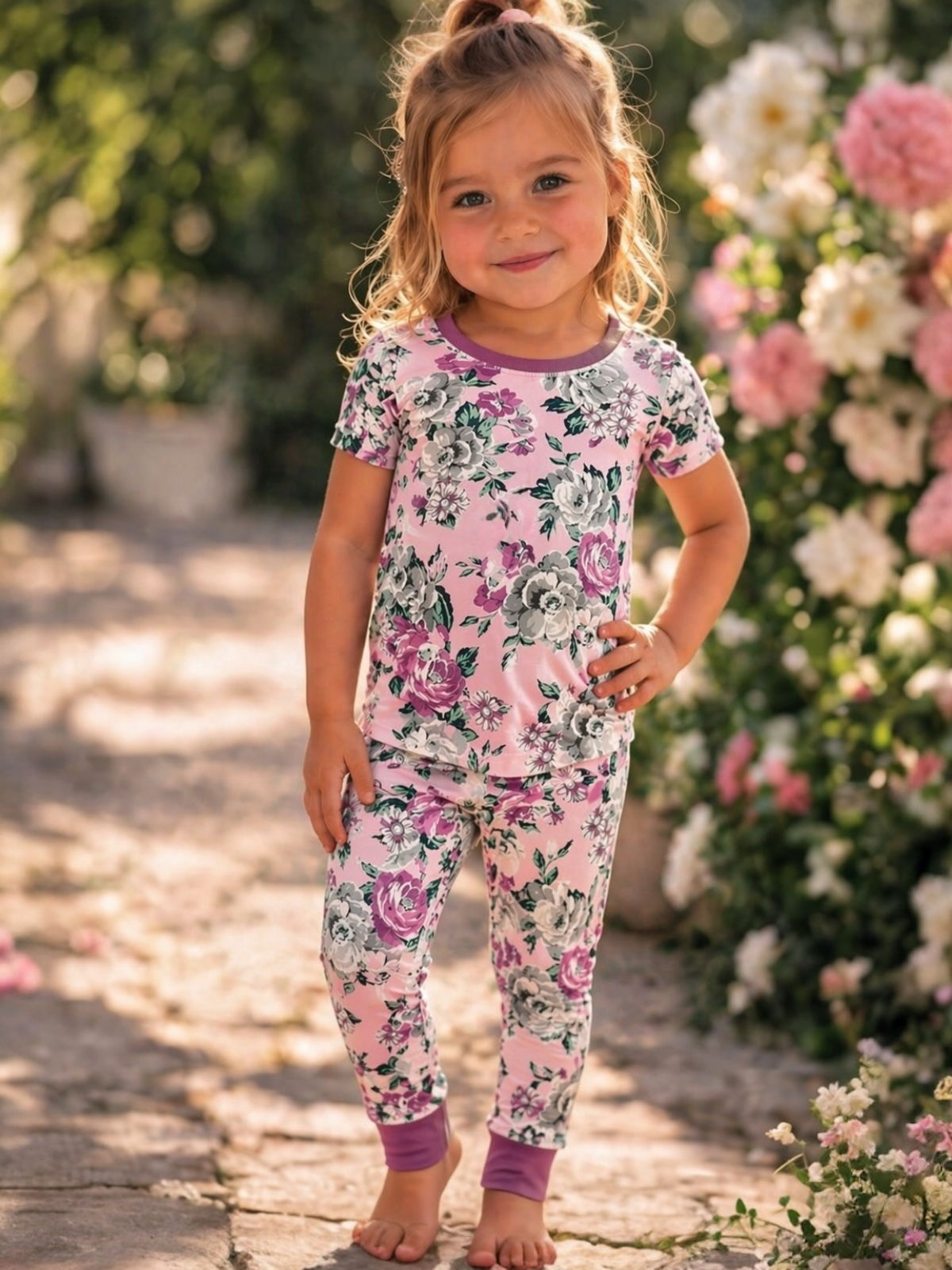 Smiling girl in floral pajamas stands outdoors, surrounded by colorful flowers, on a sunlit path.