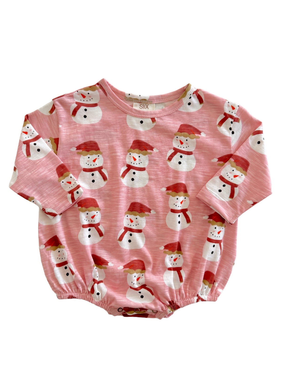 Pink outfit featuring cheerful snowman patterns with red hats and scarves, ideal for winter-themed occasions.