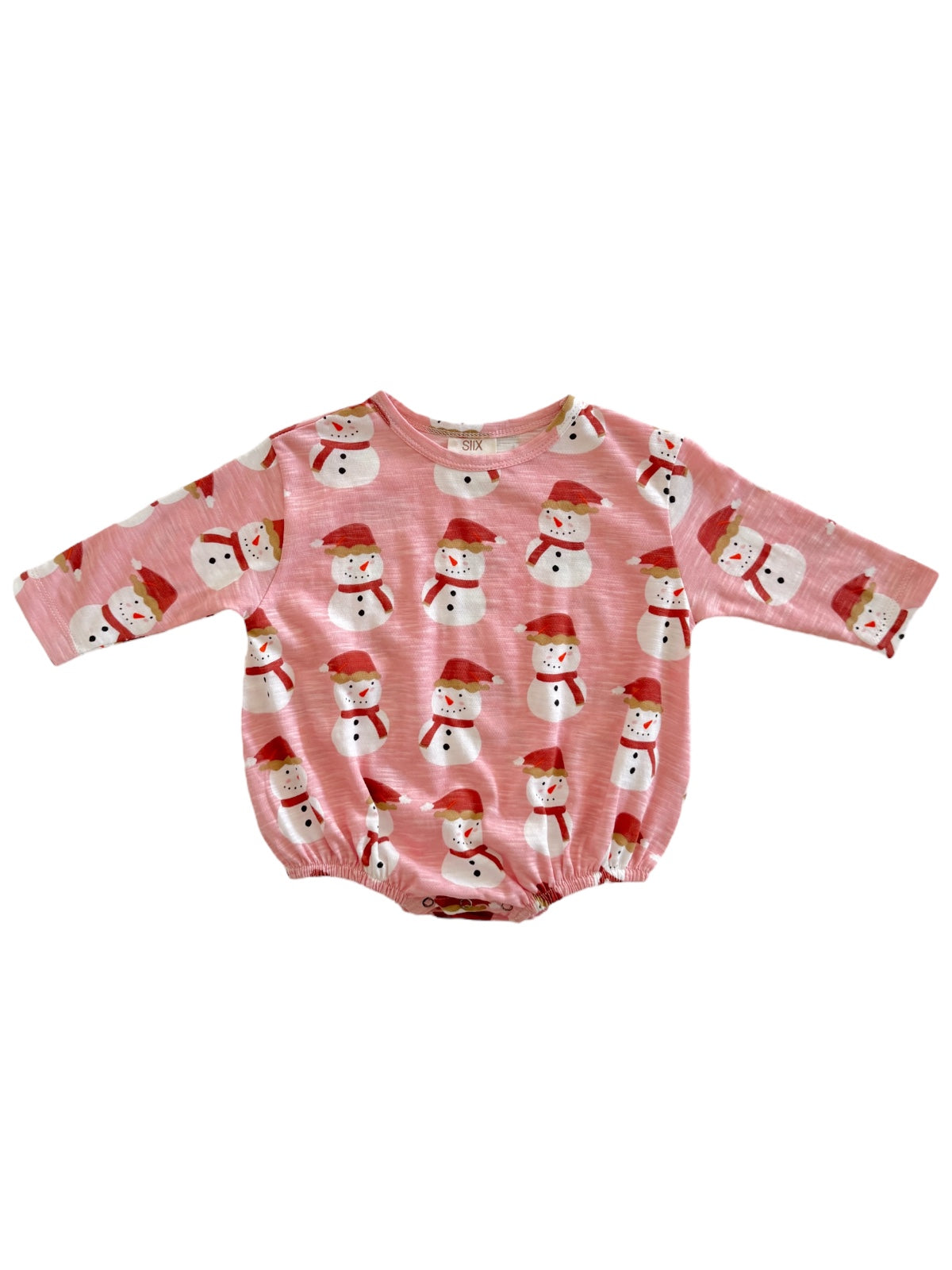 Pink toddler outfit featuring snowmen in Santa hats and scarves. Ideal for holiday wear.