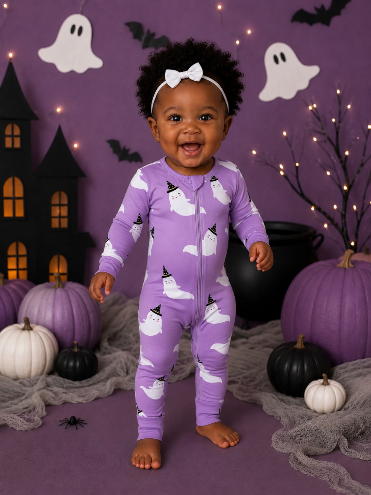 Smiling toddler in a ghost-printed onesie stands among Halloween decorations and purple pumpkins.