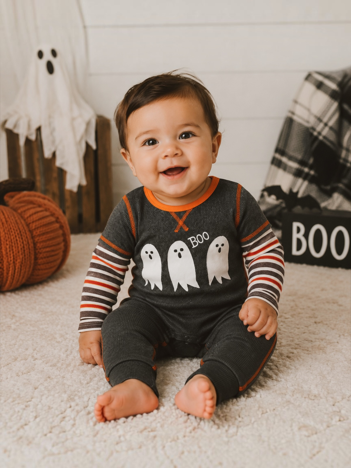 Smiling baby in ghost-themed pajamas, sitting on a cozy rug with pumpkins and Halloween decor in the background.