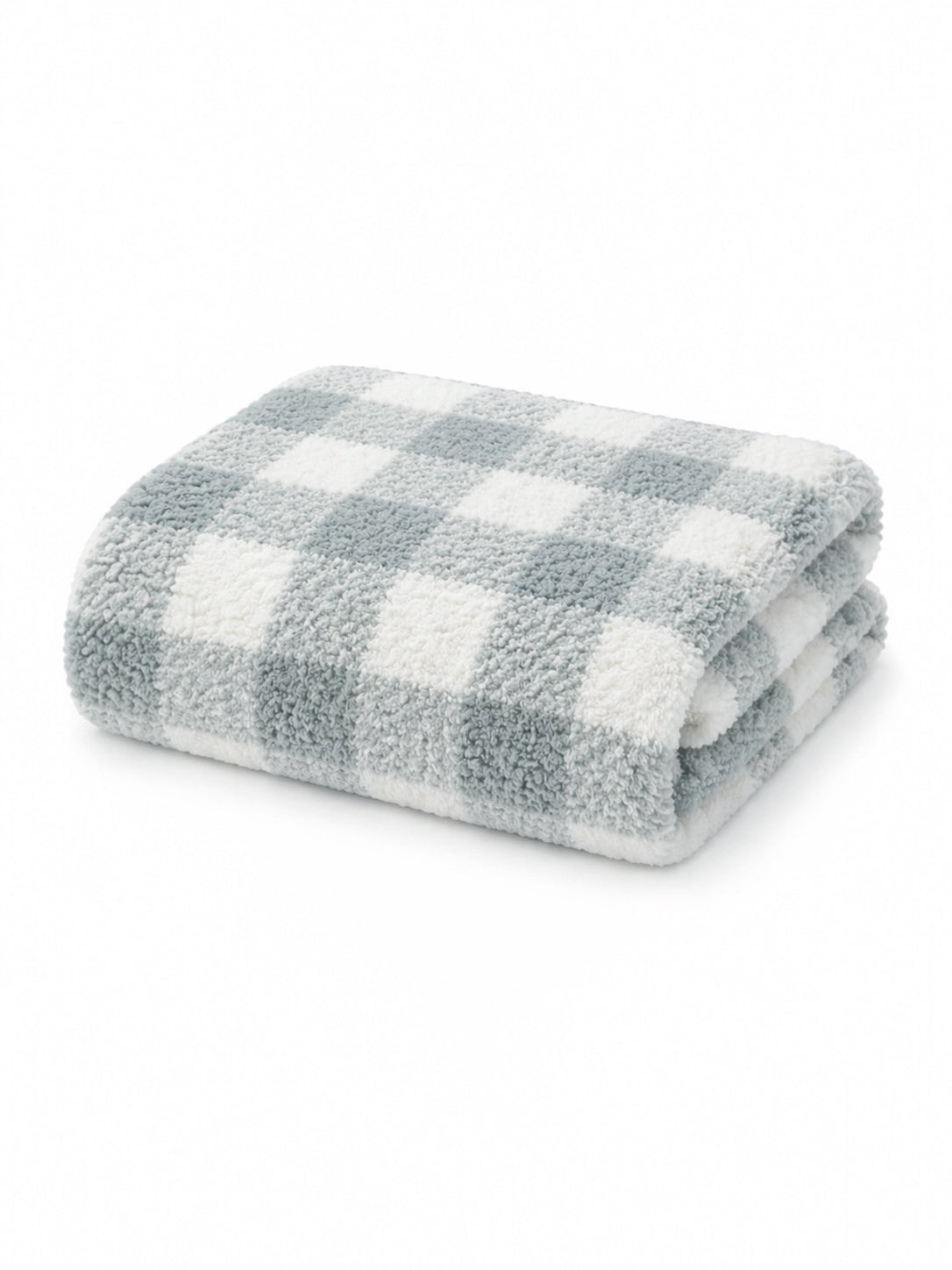 Soft, folded blanket with a blue and white checkered pattern on a white background.