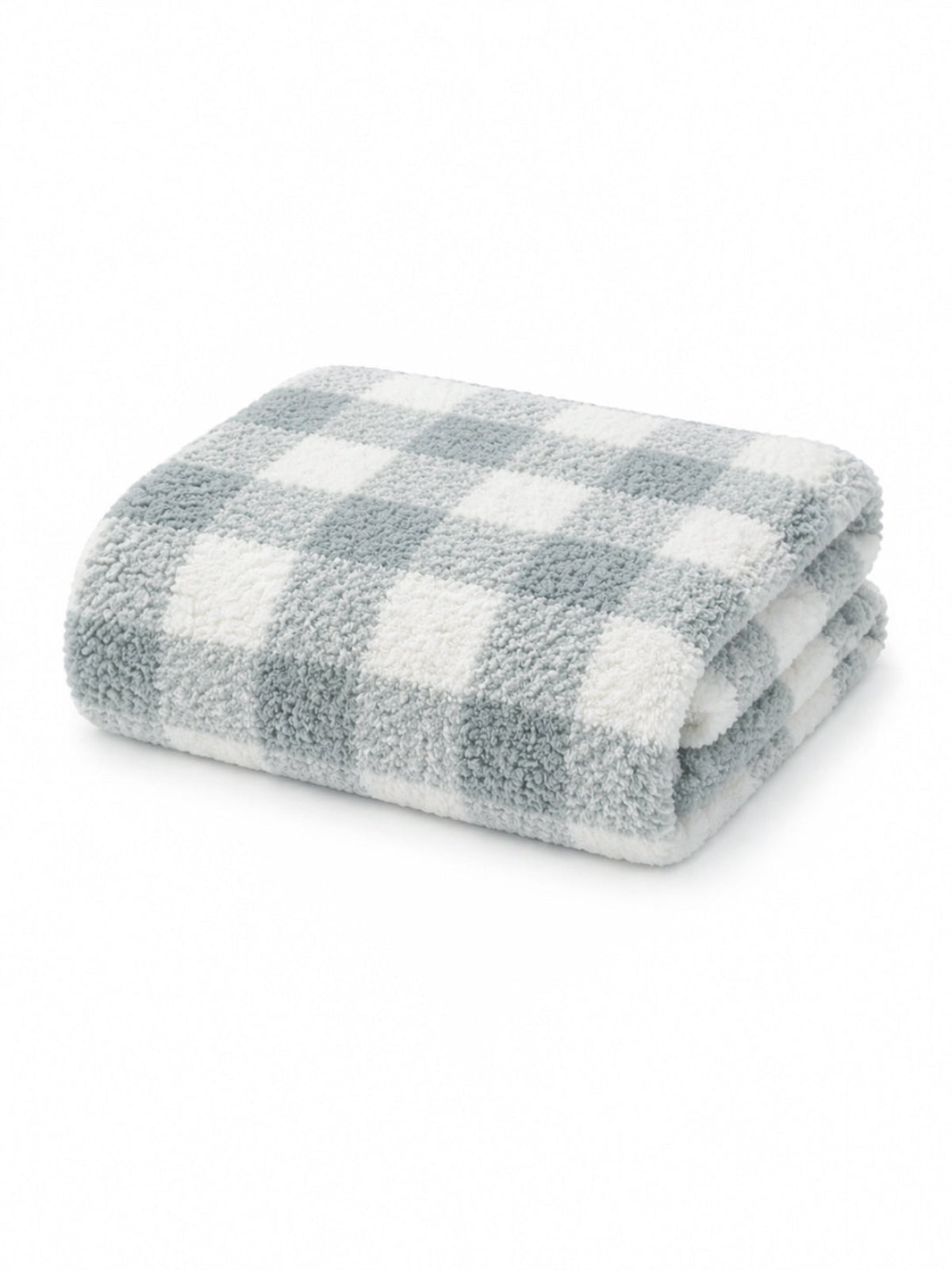 Soft, folded blanket with a blue and white checkered pattern on a white background.