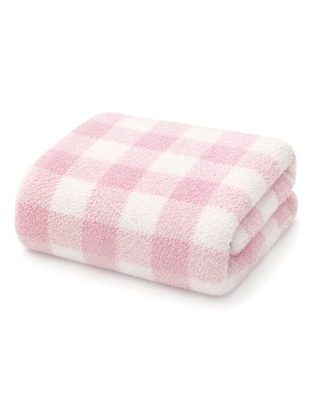Soft pink and white checkered towel folded neatly. Ideal for cozy home decor or bath use.