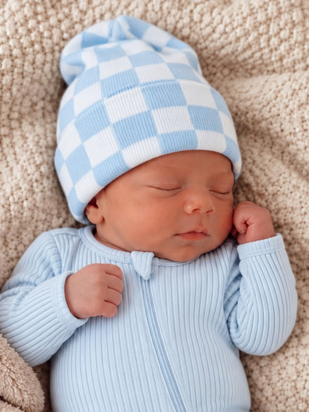 Baby's First Hat®, Baby Blue/Warm White Checkerboard – SpearmintLOVE