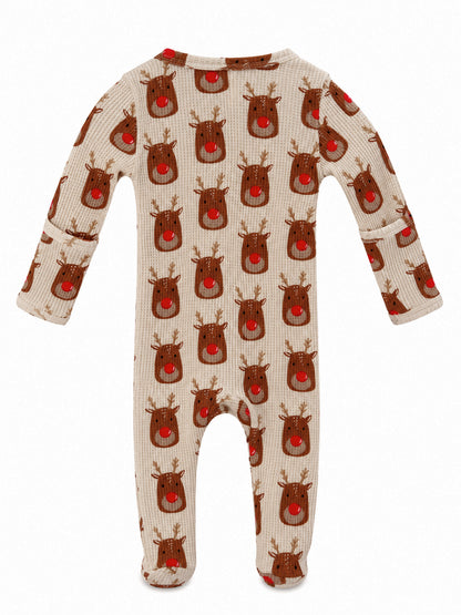 Organic Waffle Basic Zip Footie, Reindeer
