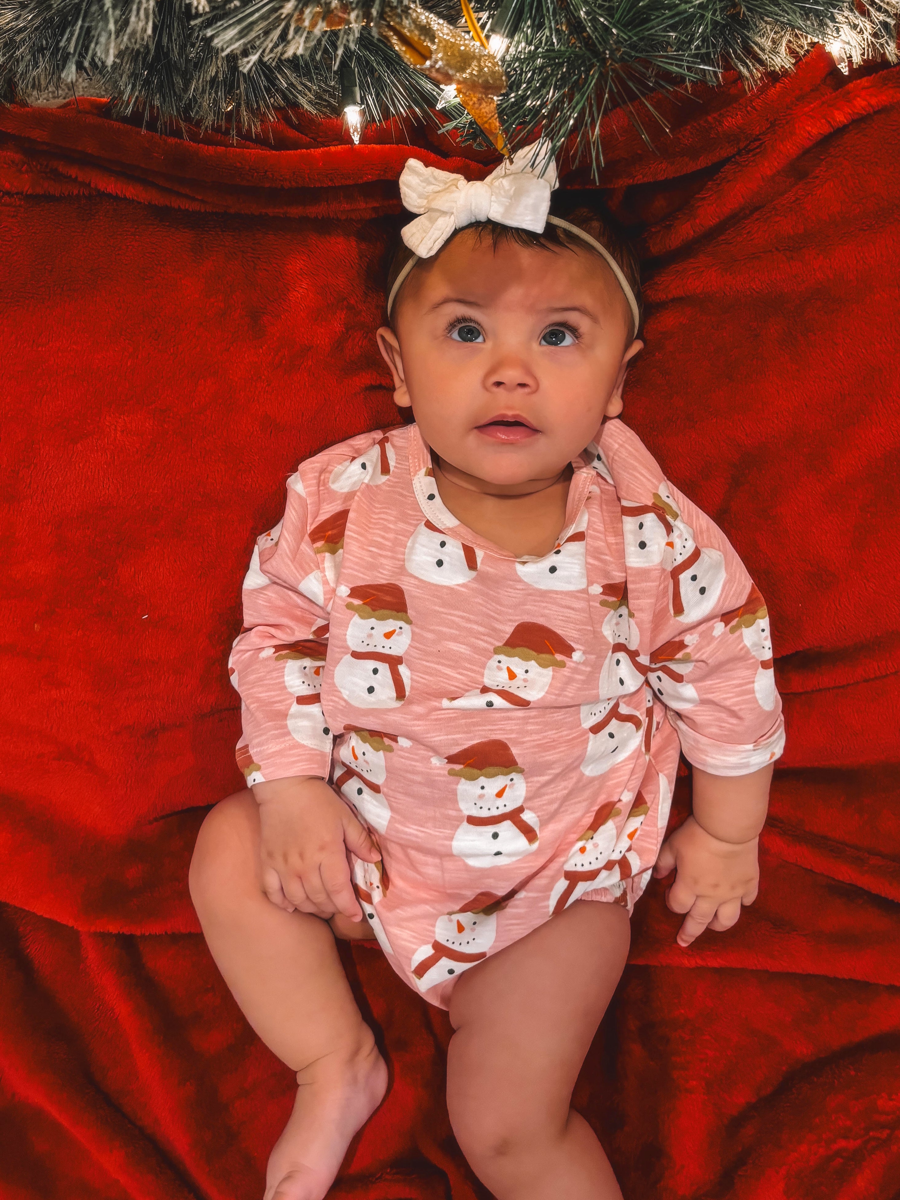 Baby in a snowman-print outfit sits on a red blanket under a Christmas tree, looking up with wide eyes.