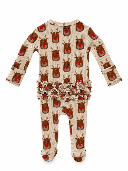 Organic Waffle Ruffle Zip Footie, Reindeer