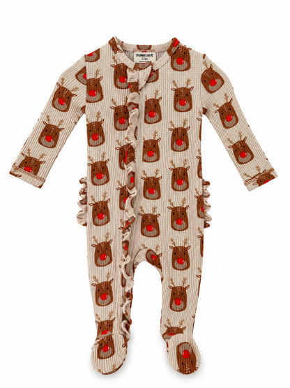 Organic Waffle Ruffle Zip Footie, Reindeer