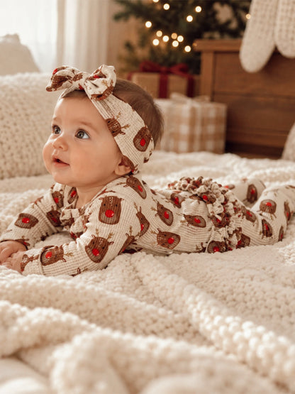 Organic Waffle Ruffle Zip Footie, Reindeer