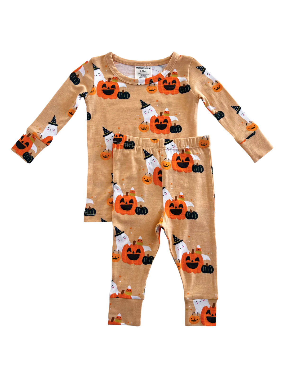 Halloween-themed children’s pajamas featuring ghosts, pumpkins, and candy corn patterns in warm colors.