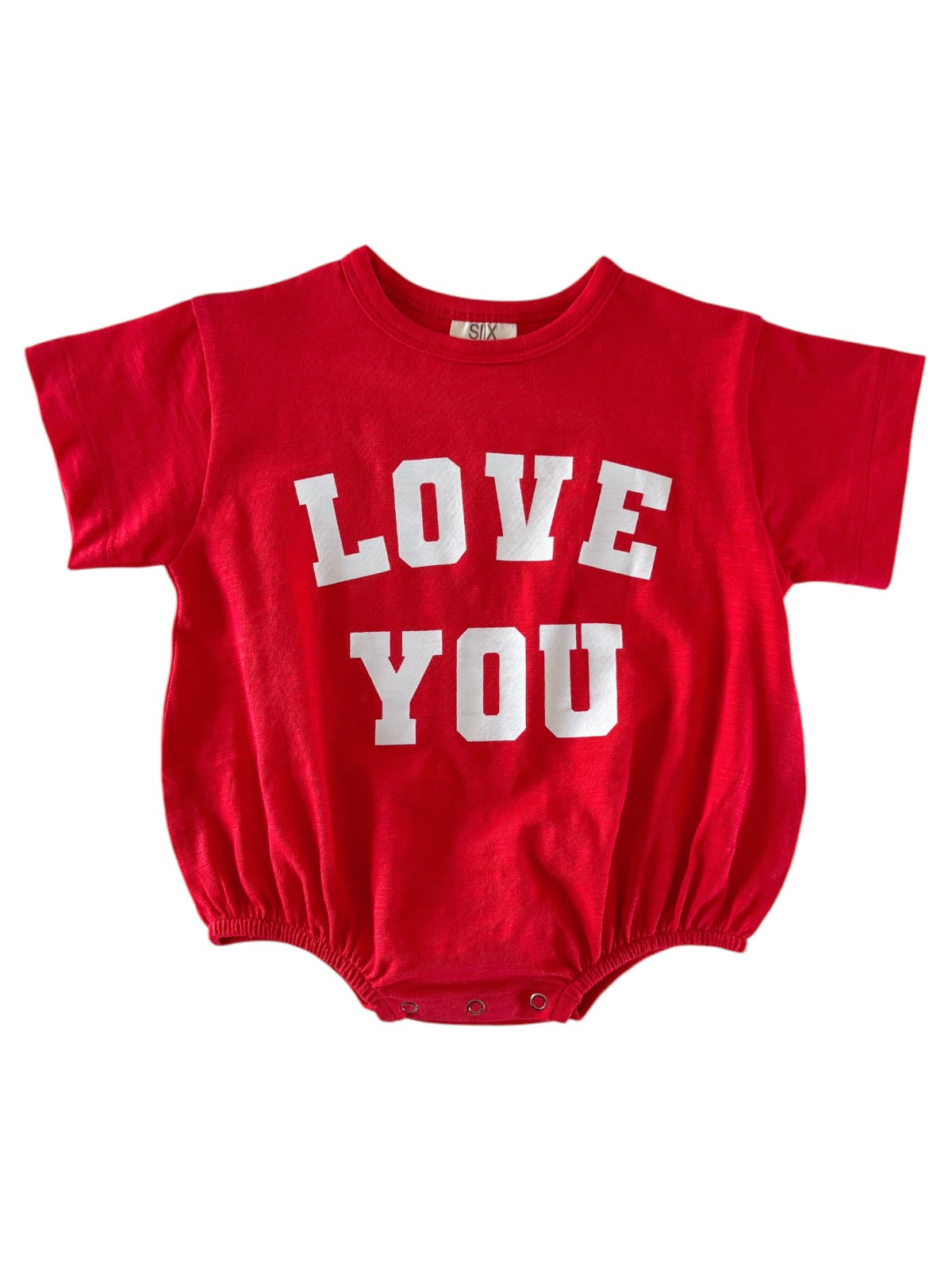 Red baby bodysuit with white text that reads "LOVE YOU" across the front.