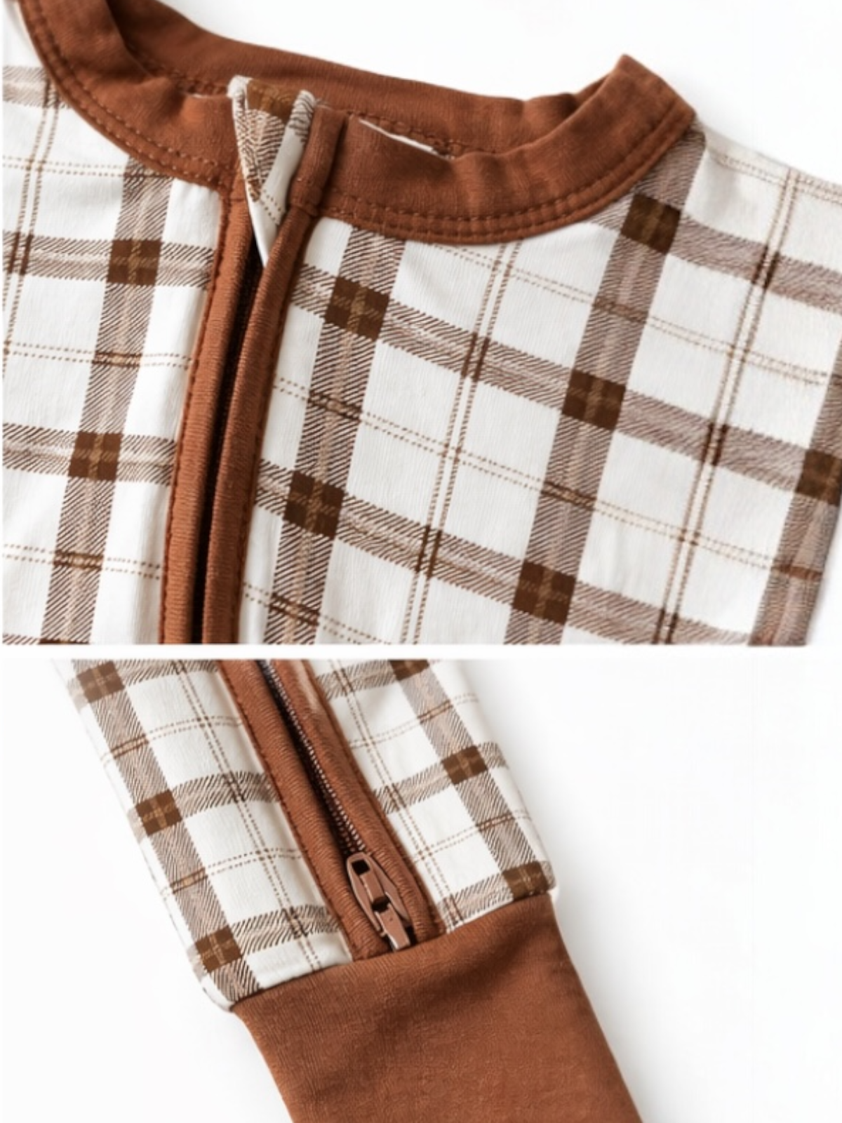 Brown and white plaid fabric with a zipper on a garment, showcasing its design and color details.
