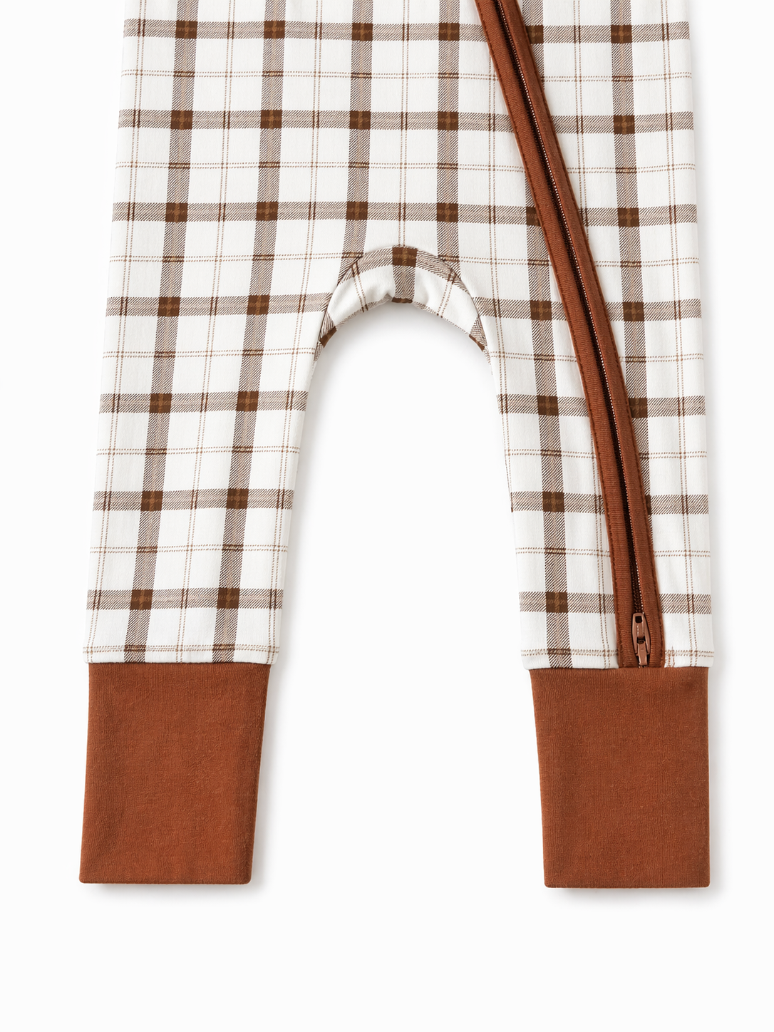 Brown and white plaid baby pants with a zipper and solid brown cuffs.