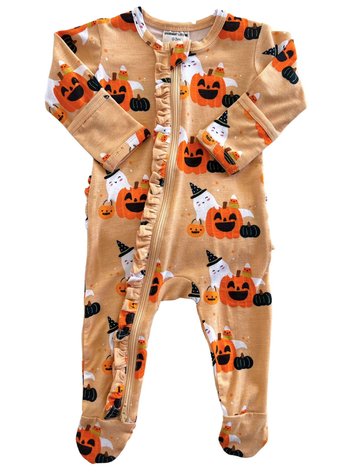 Orange baby onesie with pumpkins and ghosts, featuring a front zipper and ruffle details along the opening.