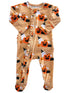 Orange baby onesie with pumpkins and ghosts, featuring a front zipper and ruffle details along the opening.