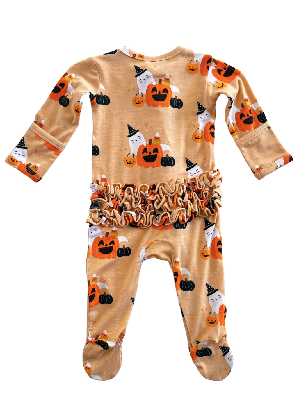 Pumpkin and ghost-themed toddler onesie with ruffled back, perfect for Halloween festivities.