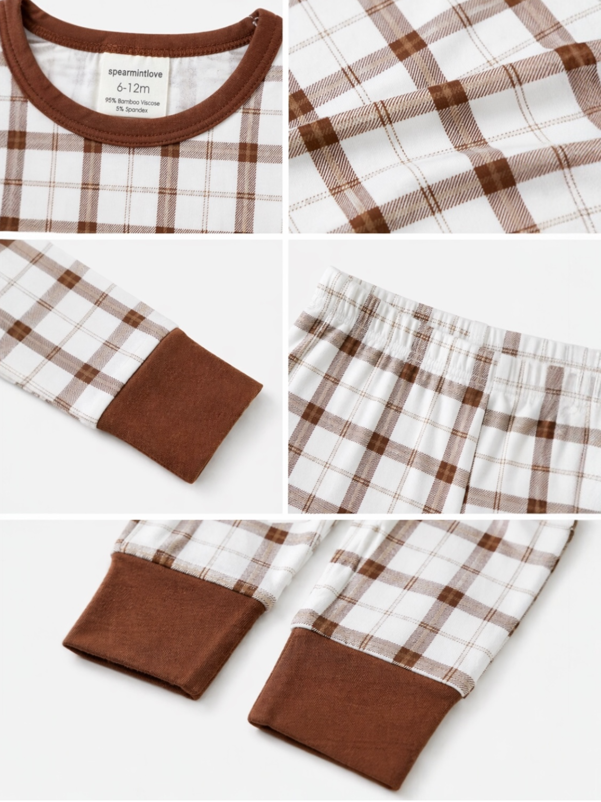Plaid infant pajamas with brown accents, featuring a label for size 6-12 months made of bamboo viscose and spandex.