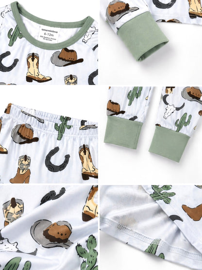 Bamboo cotton baby pajamas with cowboy-themed prints, featuring cacti, hats, and boots in soft pastel colors.