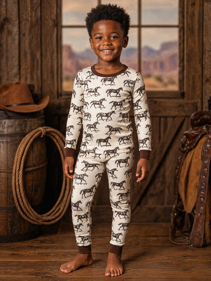 Smiling child in horse-pattern pajamas, standing in a rustic wooden setting with cowboy decor.