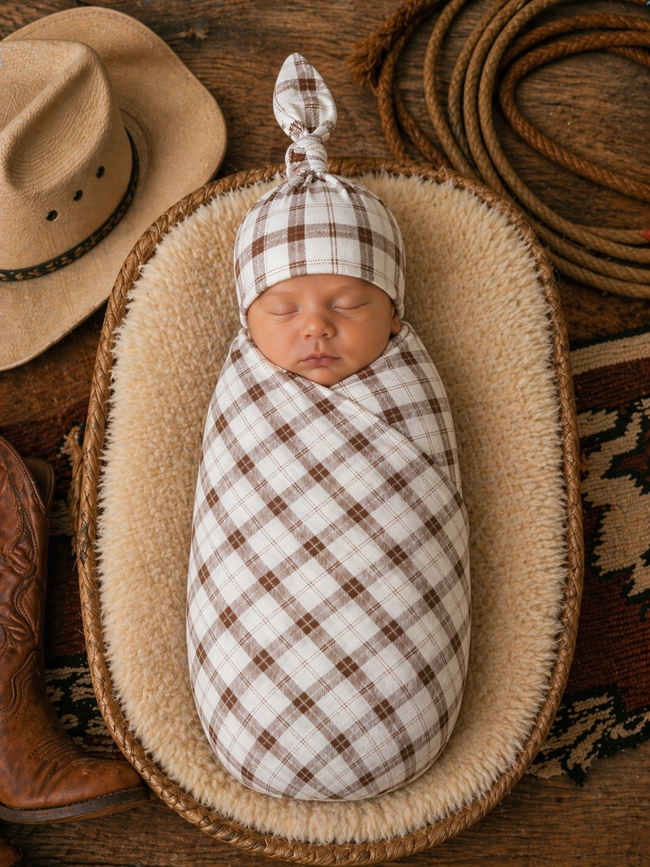Newborn swaddled in a brown and white plaid blanket, sleeping in a basket with a cowboy hat nearby.