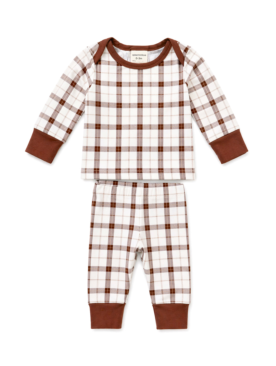 Brown and white plaid baby pajama set with long sleeves and pants. Soft fabric and comfortable design for infants.