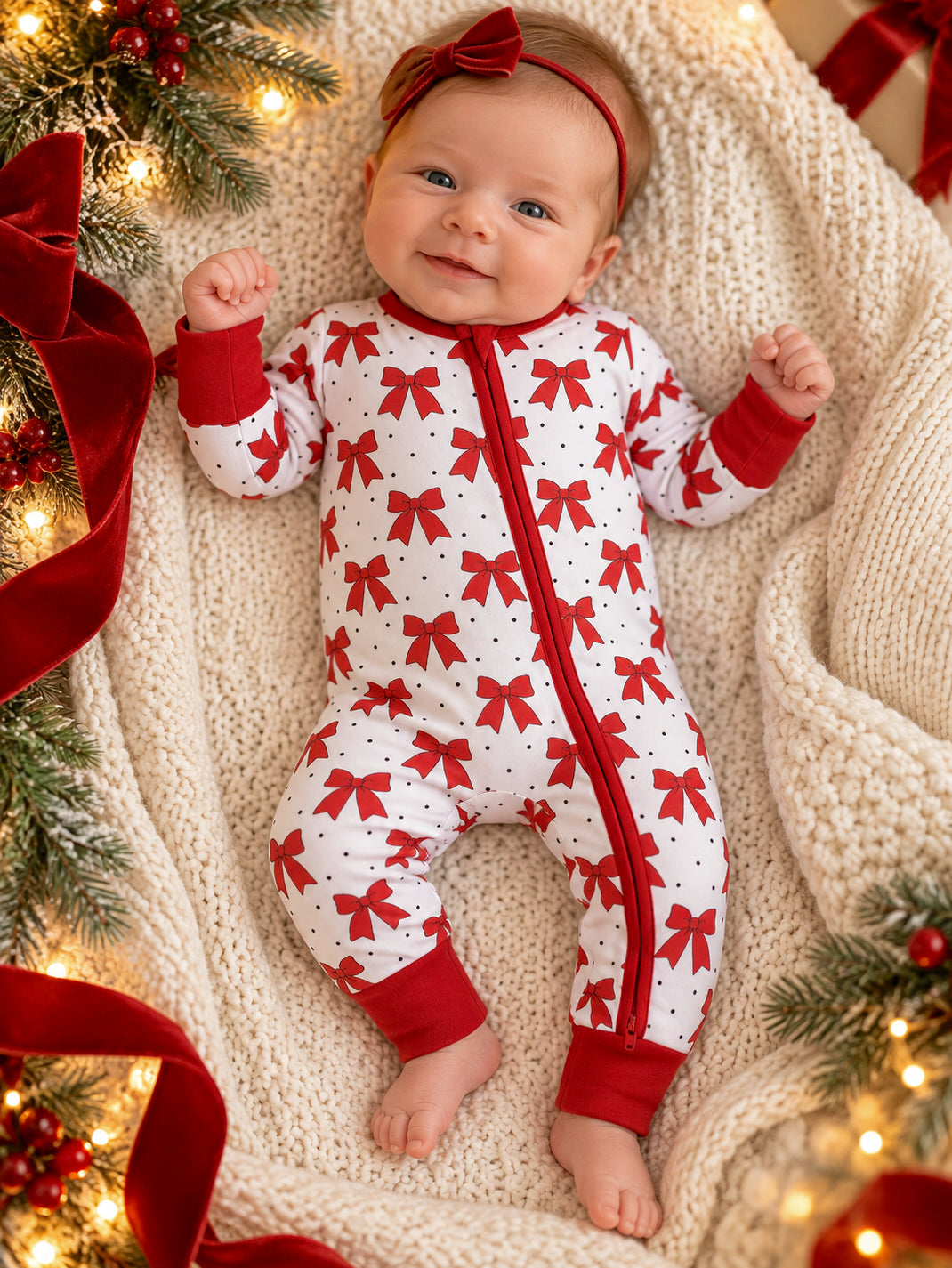 2-Way Zip Romper, Festive Bows