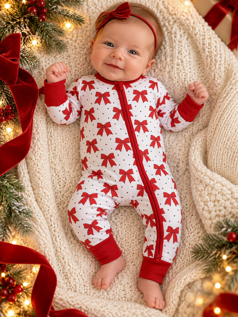 2-Way Zip Romper, Festive Bows