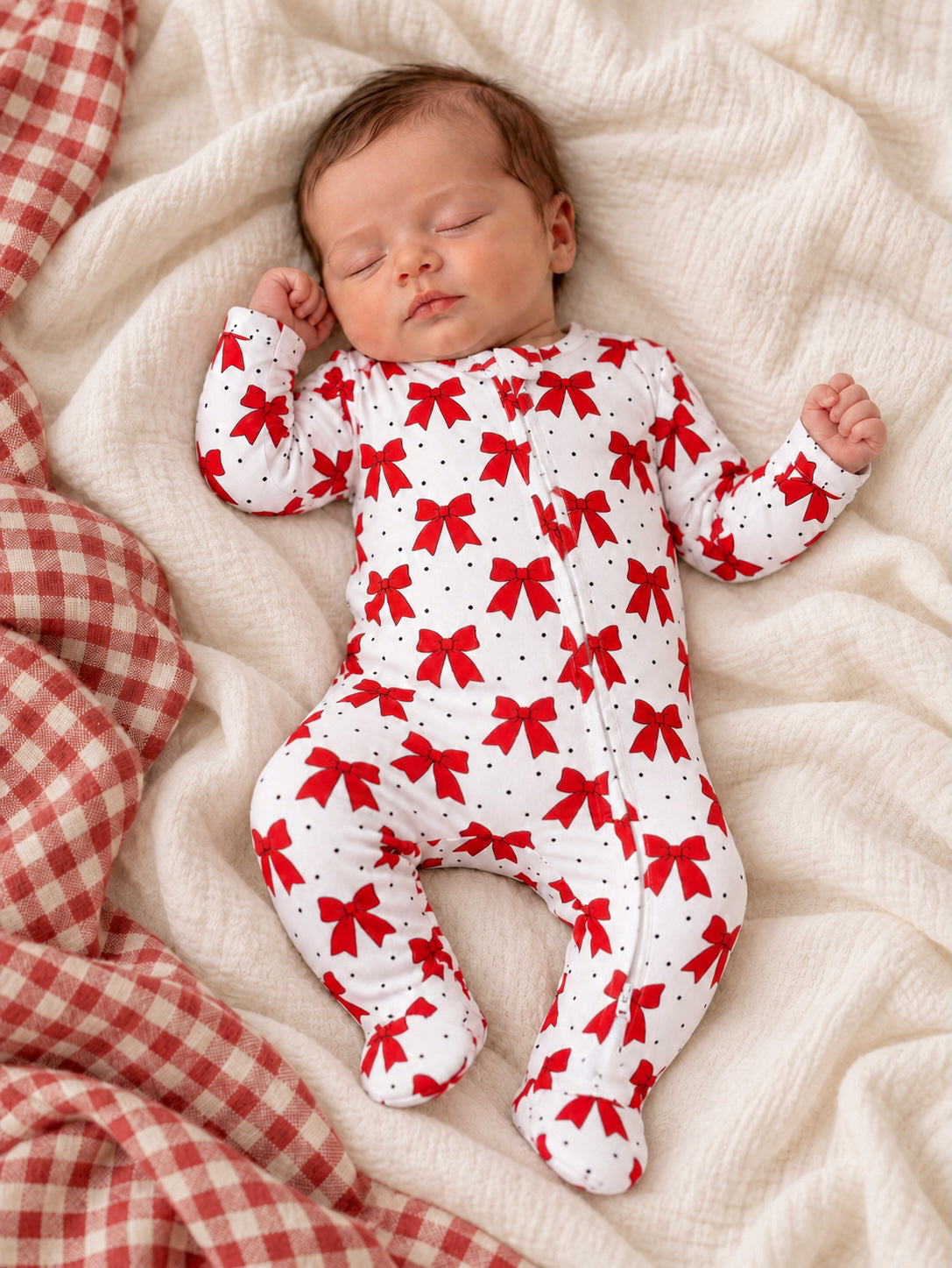 2-Way Zip Ruffle Footie, Festive Bows