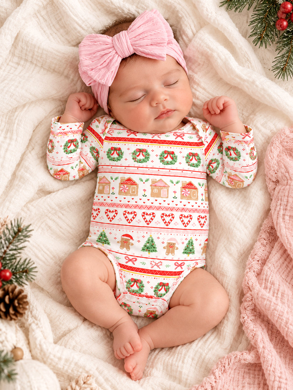 Long Sleeve Bodysuit, Gingerbread Fair Isle Pink