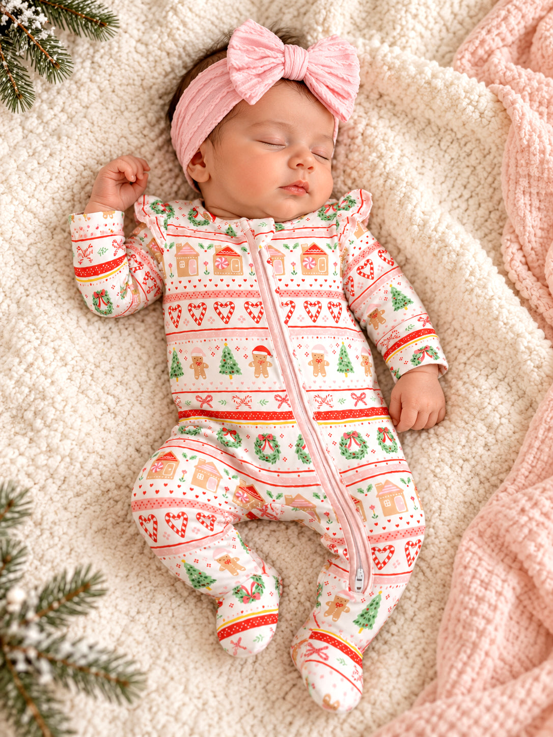 Ruffle Sleeve 2-Way Zip Footie, Gingerbread Fair Isle Pink
