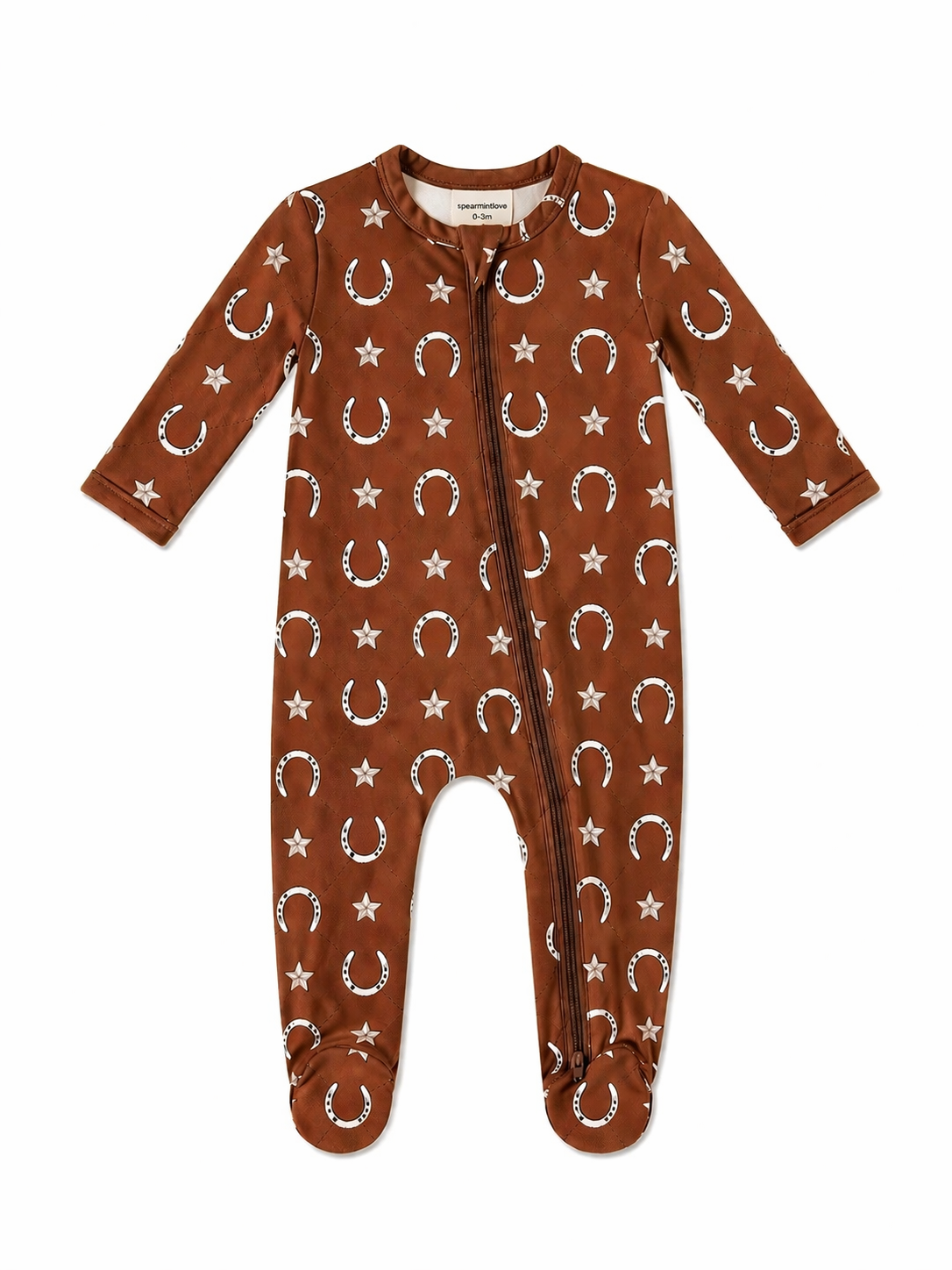 Brown baby onesie with star and horseshoe pattern, featuring a front zipper and footed design.